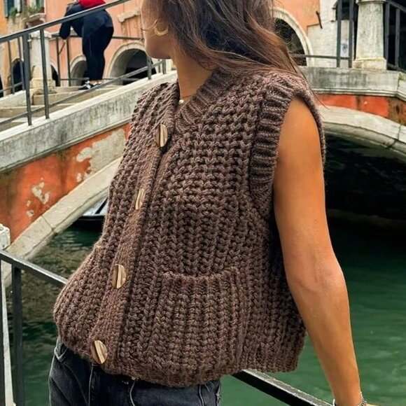 Brown Casual Women's Minimalist Chunky Knit Sleeveless Round Neck Sweater Vest - Picture 2 of 5